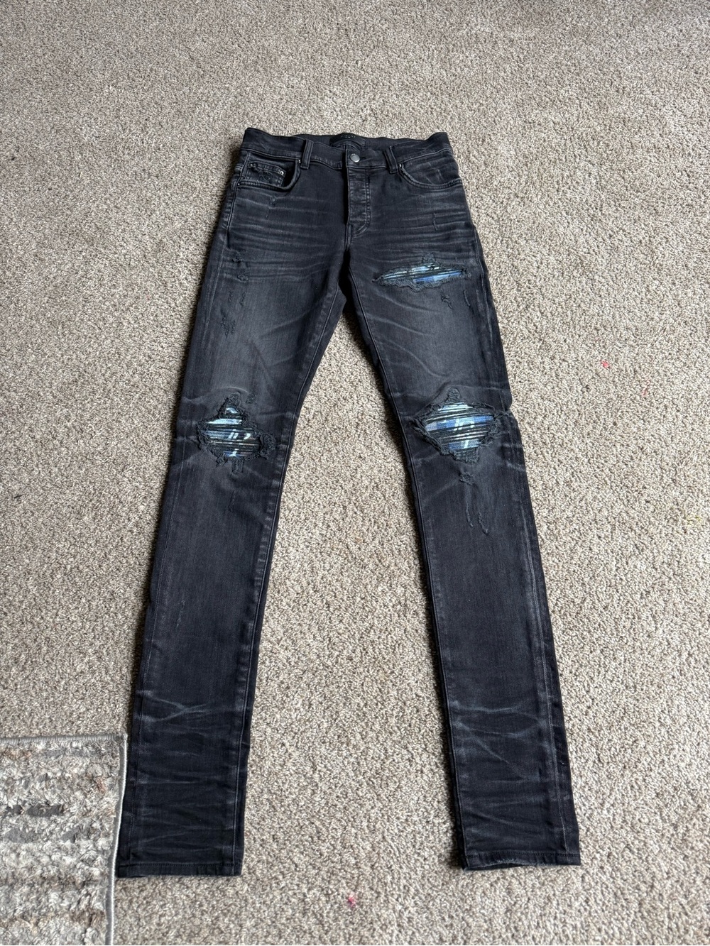 AMIRI Black Skinny Distressed Jeans with Blue Patch Details